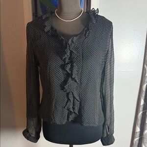 New York City Design Company Sheer 100% Silk Polka Dot Ruffle Trimmed Blouse SZ8